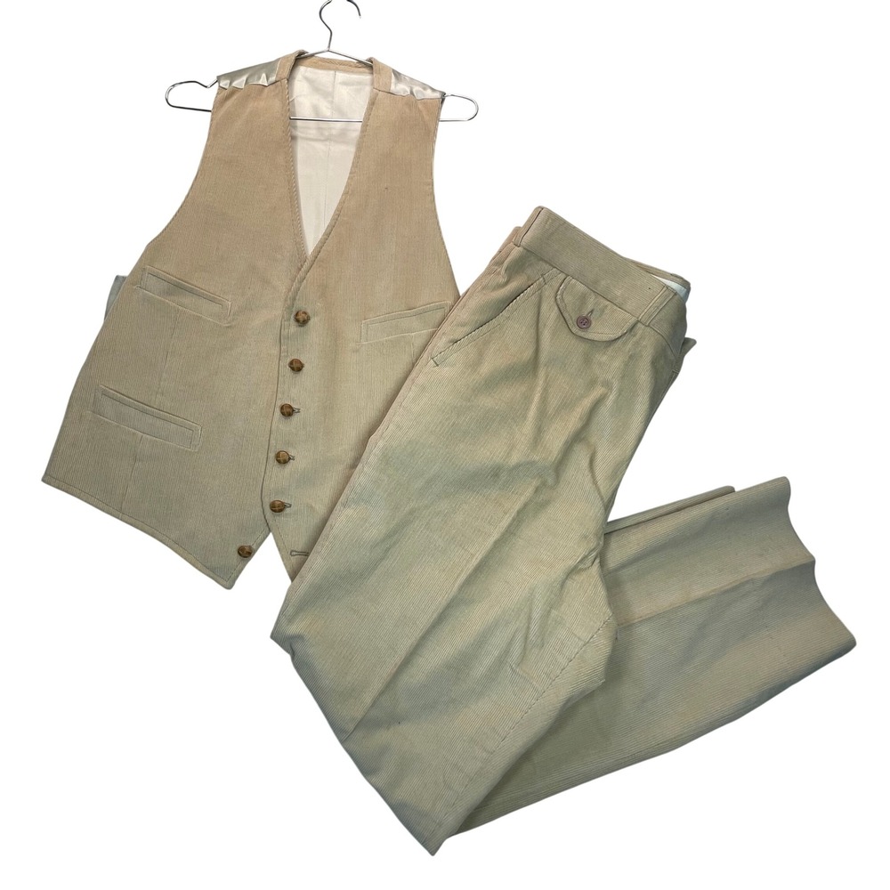Vtg Tan Corduroy Vest Pants Suit Mens 44/38 Academic Professor Preppy Wedding